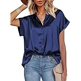 HOTOUCH Silk Button Down Shirts for Women Satin Short Sleeve V Neck Casual Work Office Blouse Tunic Tops