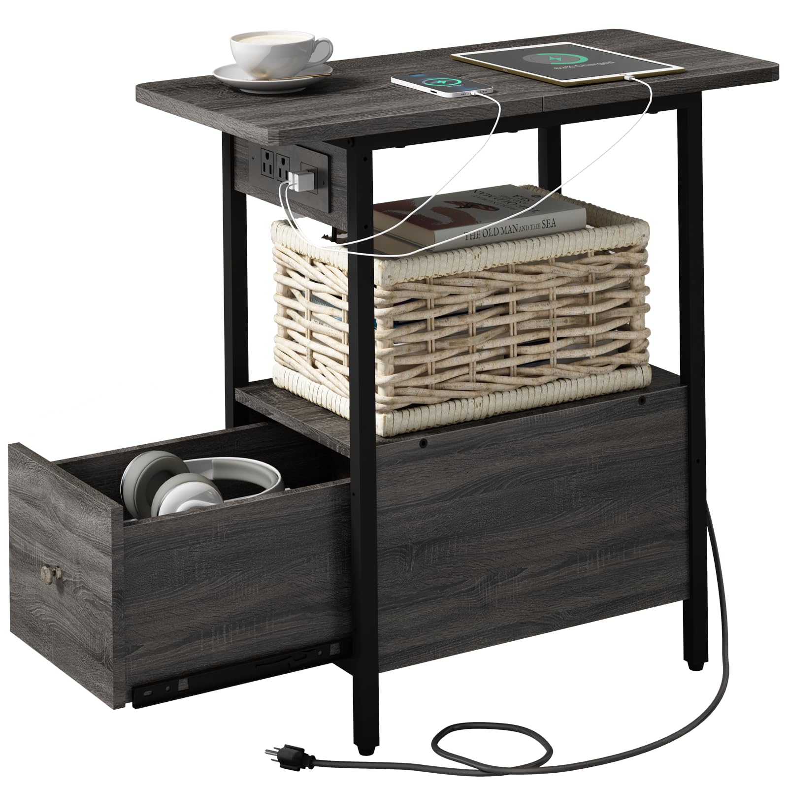 Photo 1 of LIDYUK End Table with Charging Station, Narrow Side Table with Drawer and USB Ports & Power Outlets, Nightstand Bedside Tables for Small Spaces, Bedroom, Living Room, Dark Grey