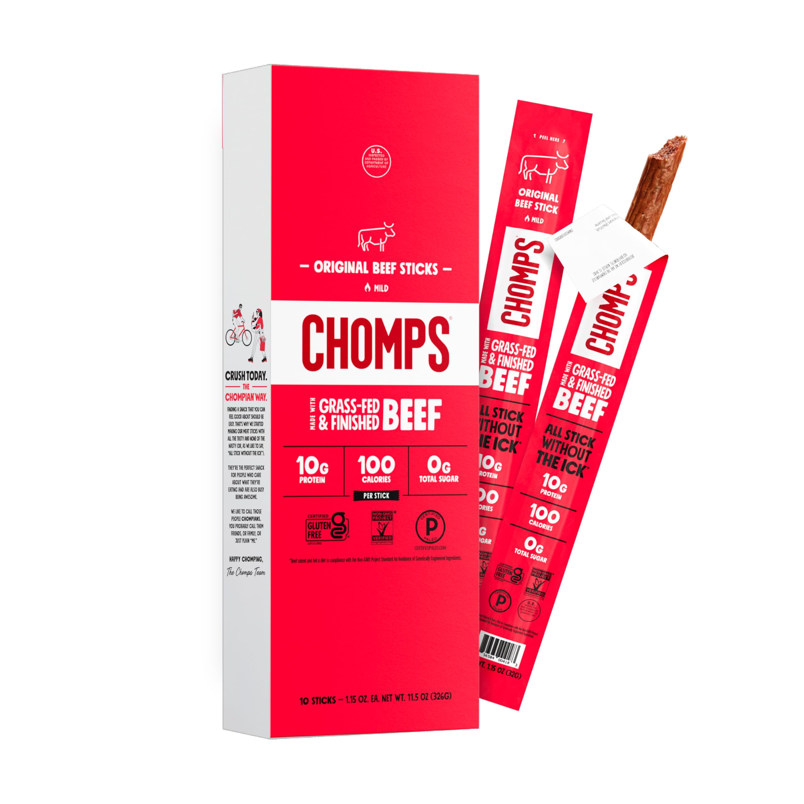 Chomps Original Beef, Grass-Fed & Finished, 10ct, Protein Snack Stick