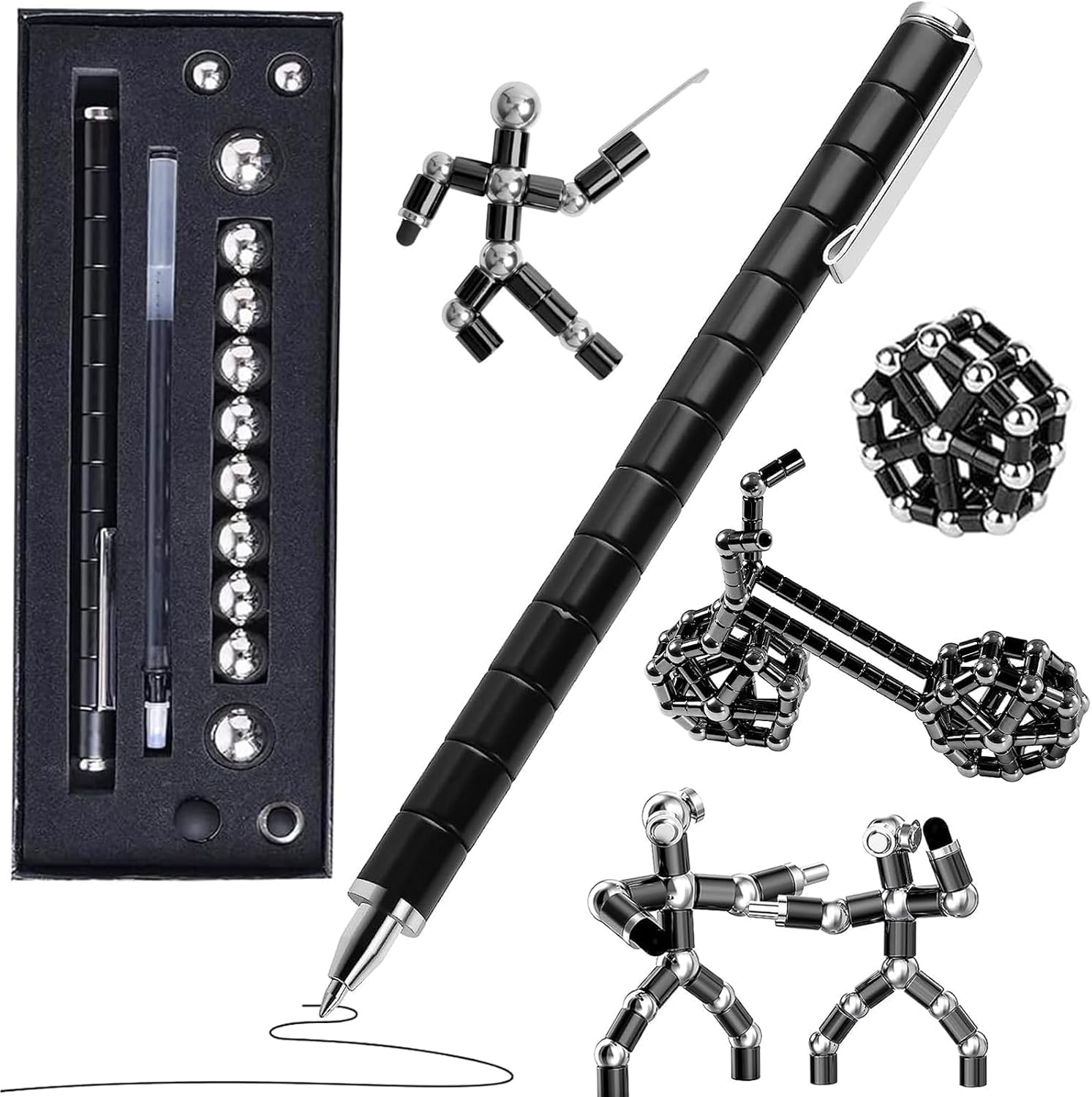 Fidget Pen with Magnetic Balls - Multifunctional Deformable Ballpoint Pen, Sensory Toy for Stress Relief - Creative & Fun Magnetic Gift for Kids & Adults (Black)