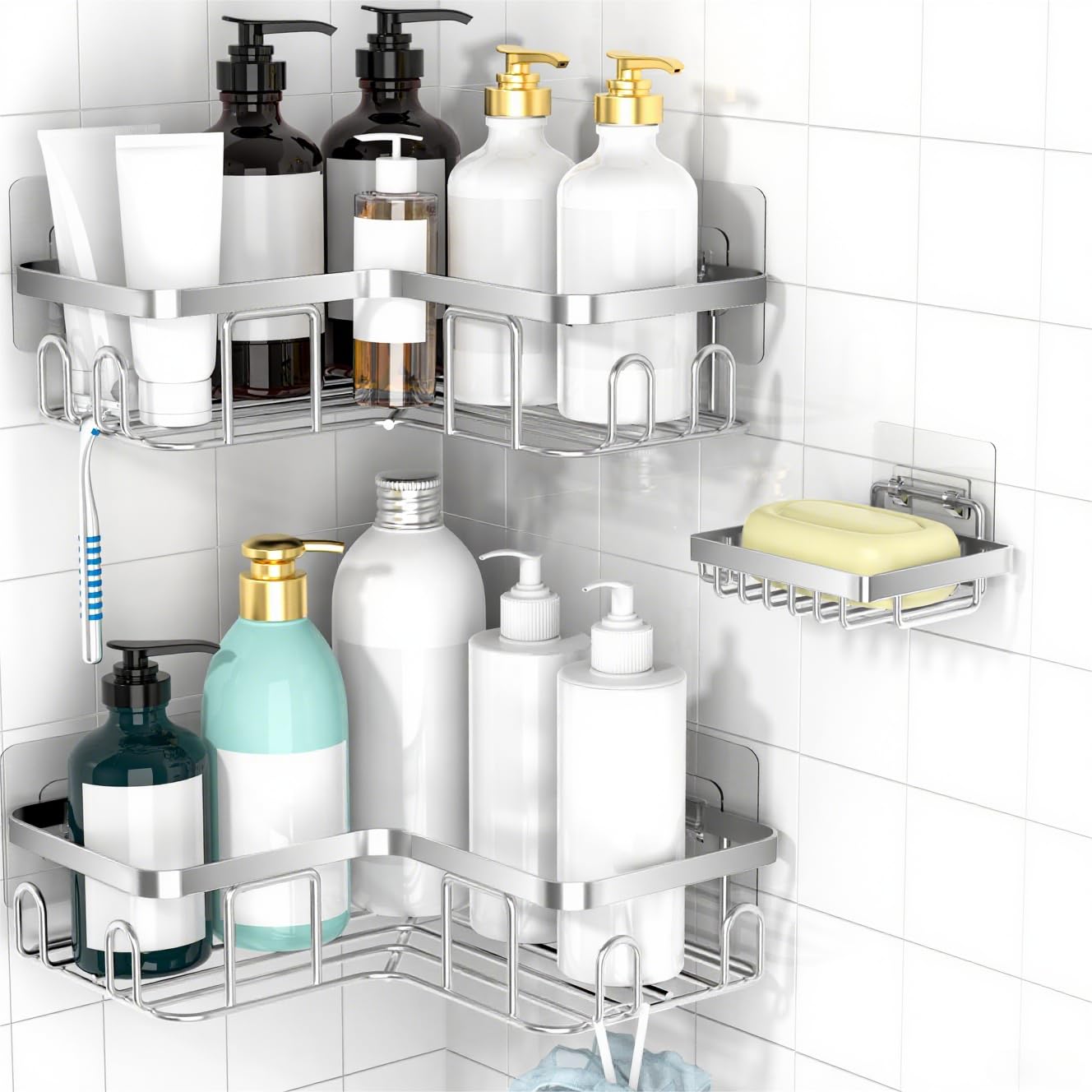 Photo 1 of Moforoco Corner Shower Caddy Shelf Organizer Rack, Self Adhesive Black Bathroom Shelves Basket, Home Farmhouse Wall Inside Organization and Storage Decor Rv Accessories, Apartment Essentials