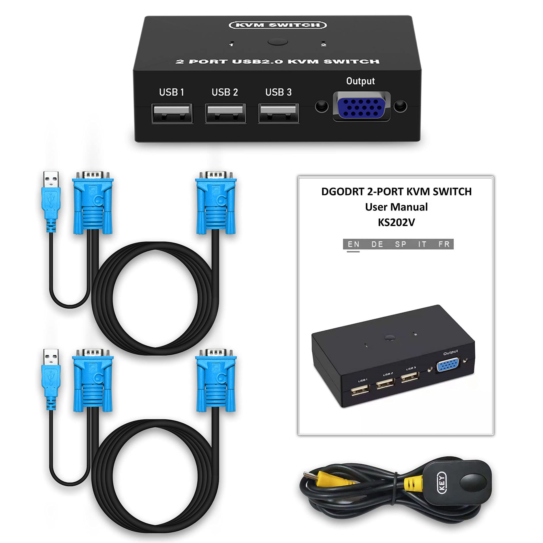 USB VGA KVM Switch for 2 PC Sharing 1 Video Monitor and 3 USB Devices, Keyboard Mouse Scanner Printer, for Laptop PC Windows Mac OS System