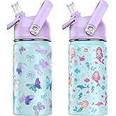 ACESAK 14oz Kids Insulated Water Bottle with Straw Lid - 18/8 Stainless Steel Kid Cup Travel Tumbler Double Wall Vacuum Leak Proof Portable Toddler Water Bottle (Butterfly+Mermaid）