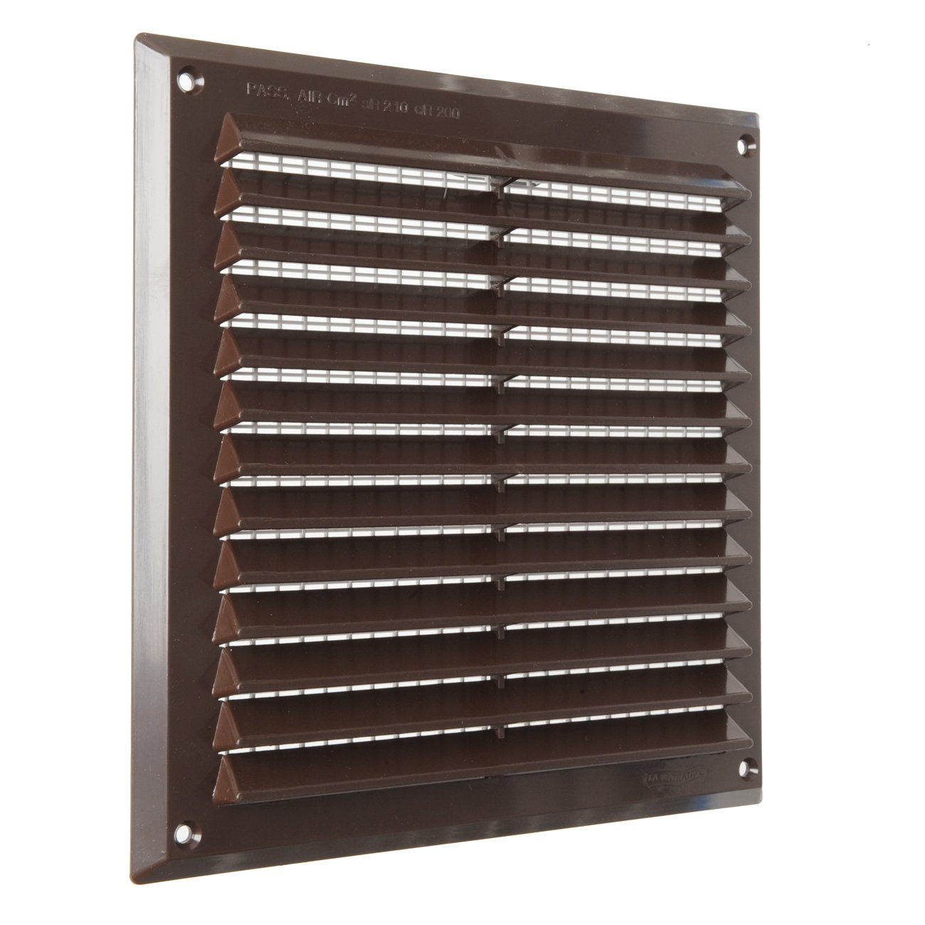 La Ventilazione AR2323M Square Ventilation Grille Made of Brown Plastic with Anti-Perspiration mesh. Measures 90" x 90", 227 x 227 mm