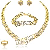 SYHOL Jewelry Necklace Set Cuban Link Chain Necklace Bracelet Rhinestone Hoop Earrings Set Bling Necklace Bracelet Women Girls Accessories Sweetheart Gifts