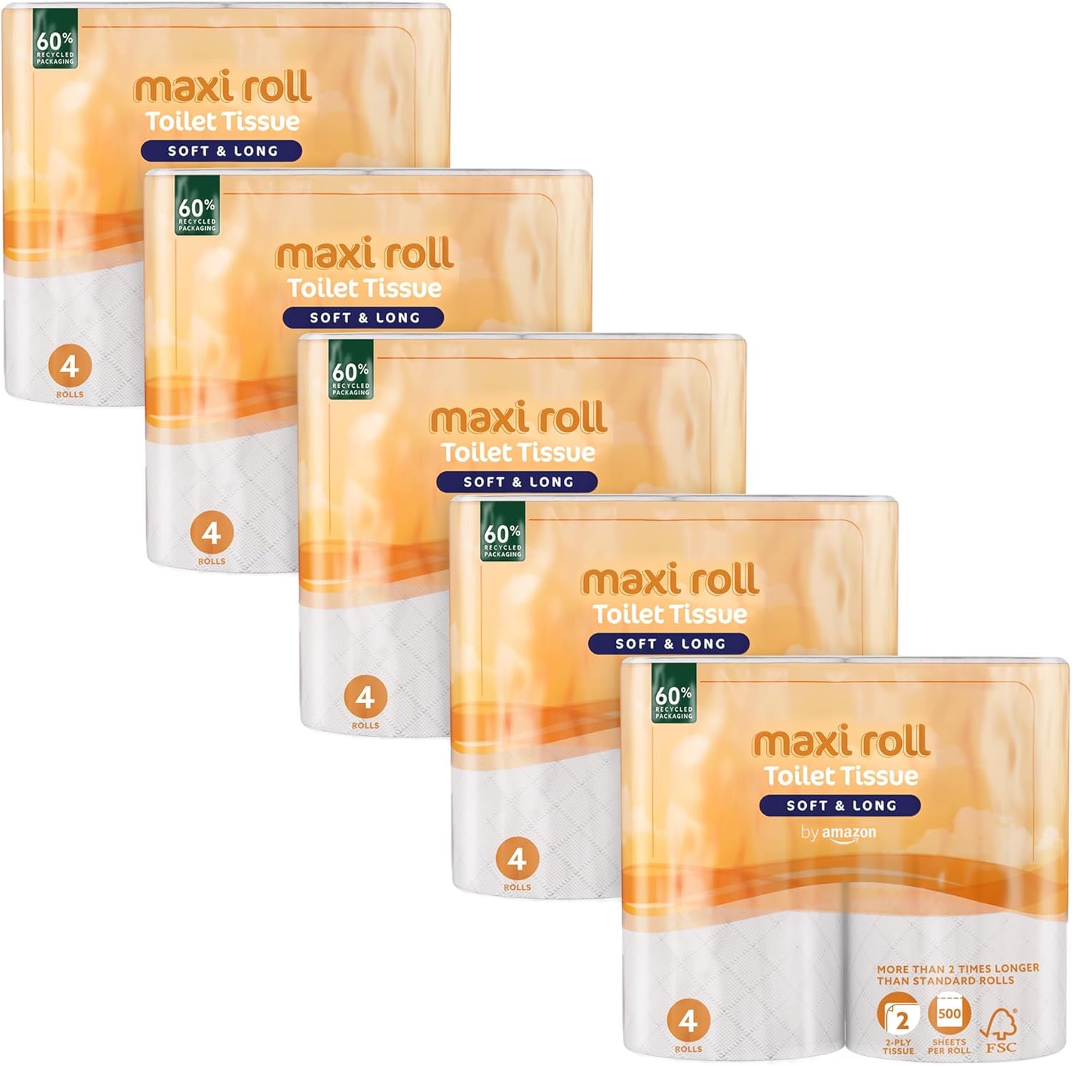 by Amazon Toilettenpapier (Maxi-Rolle), 2-lagig, Gesteppt, Weich und Sanft, 20 Rollen (5 Packungen mit je 4 Rollen), 500 Blatt pro Rolle
