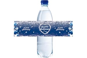 ROSTYAKZ 32pcs Blue Happy Anniversary Water Bottle Labels, Balloon Blue Glitter Wedding Anniversary Stickers, Happy Birthday/Anniversary Water Bottle Lables for Themed Wedding Party