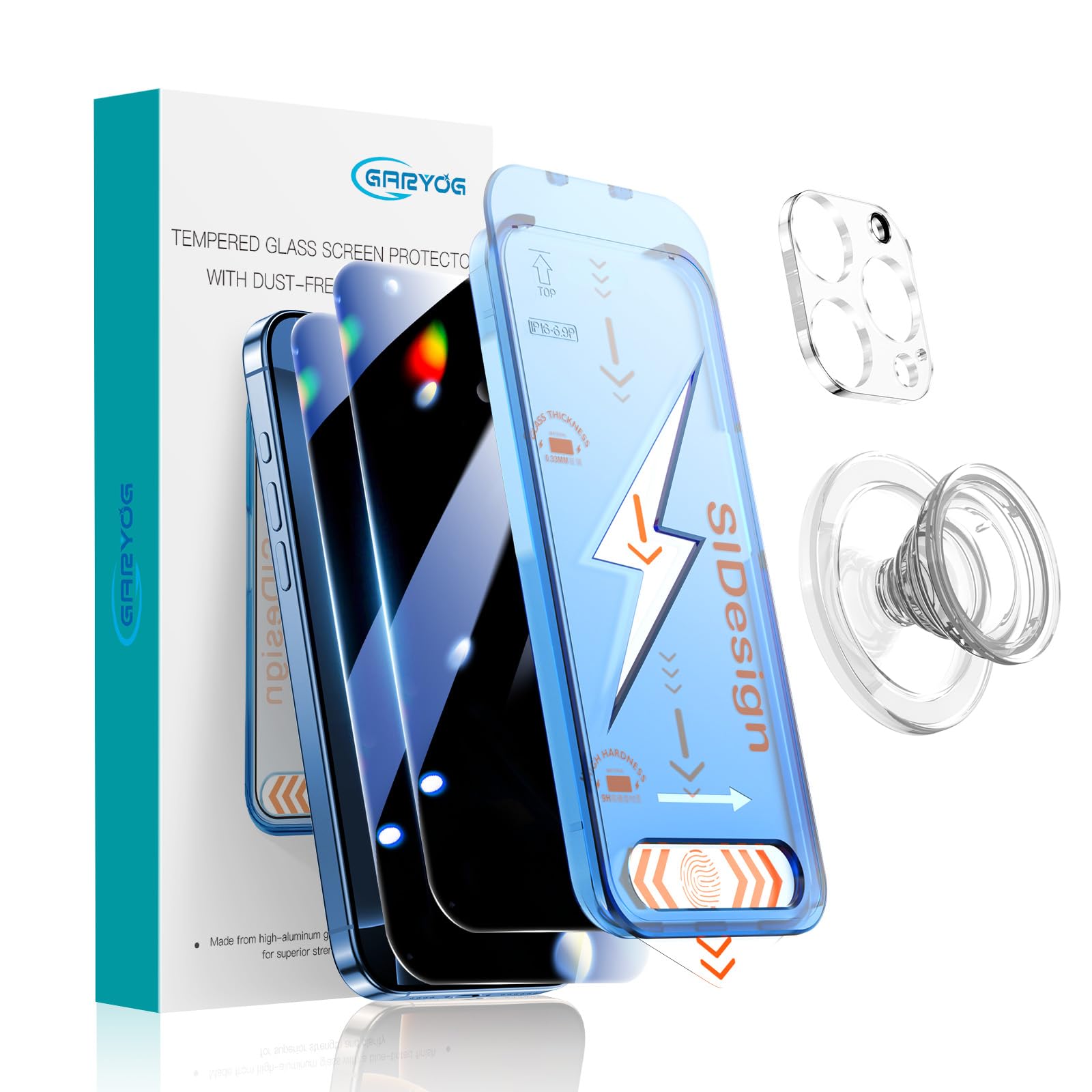GARYOG 2 Pcs for Iphone 16 Pro Privacy Screen Protector,25°Anti Spy | Easy Installation | Military Grade 9H Tempered Glass | Scratch-Resistan | Anti-Fingerprint|,with Camera Protector Magnetic Ring.
