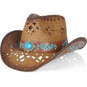 Cowboy hat,Cowgirl hat,Cowboy Hats for Women/Men,Straw Beach Sun Hat Wide with Shapeable Brim