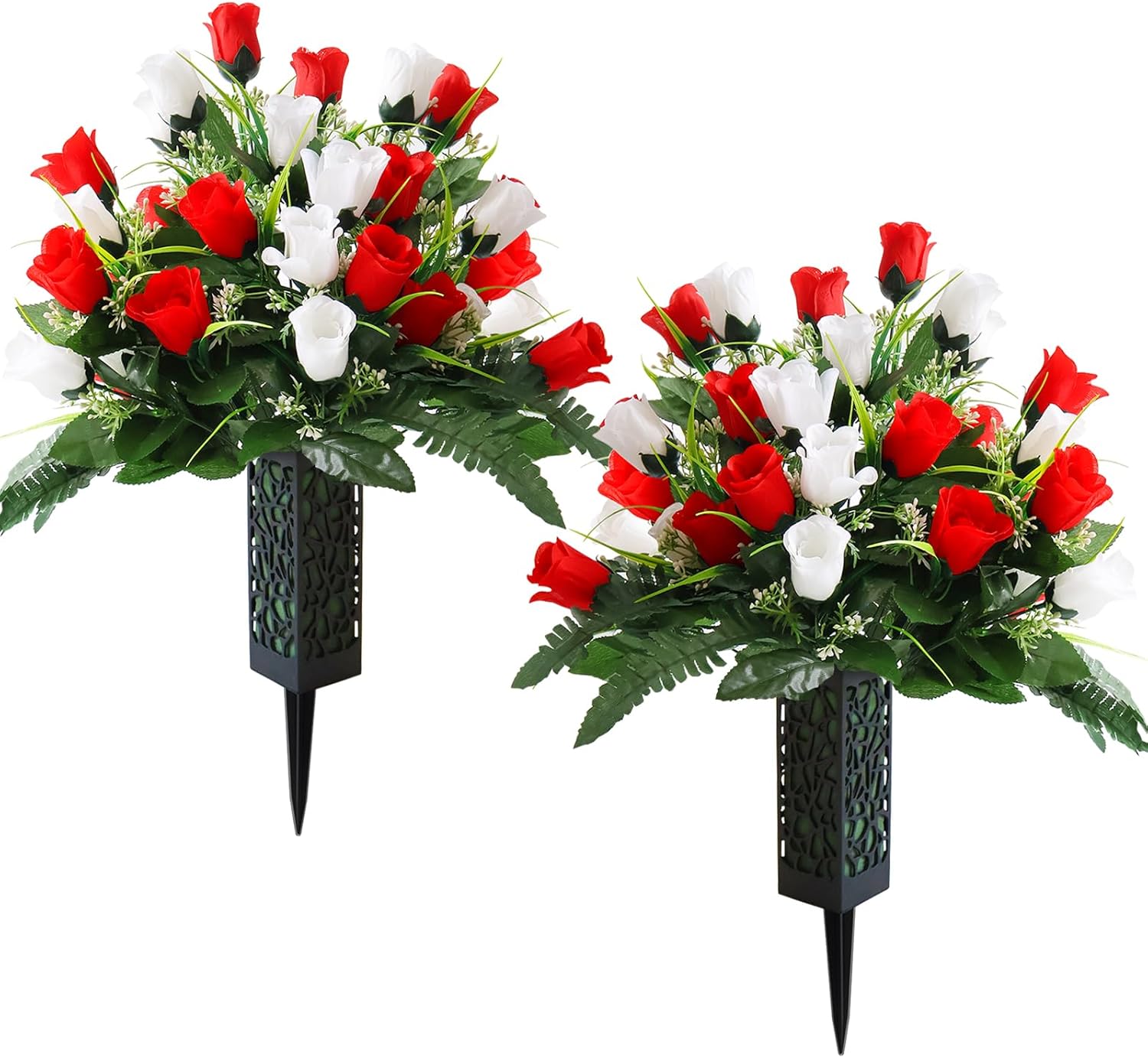 Decorative Garden Stakes - 2 Sets 48 Heads Artificial Cemetery Flowers, Outdoor Grave Decorations Roses, Black Plastic Vase Cones with Long Spike Stake Drainage Holes for Gravestone Grave Garden Ground Outdoor Memorials