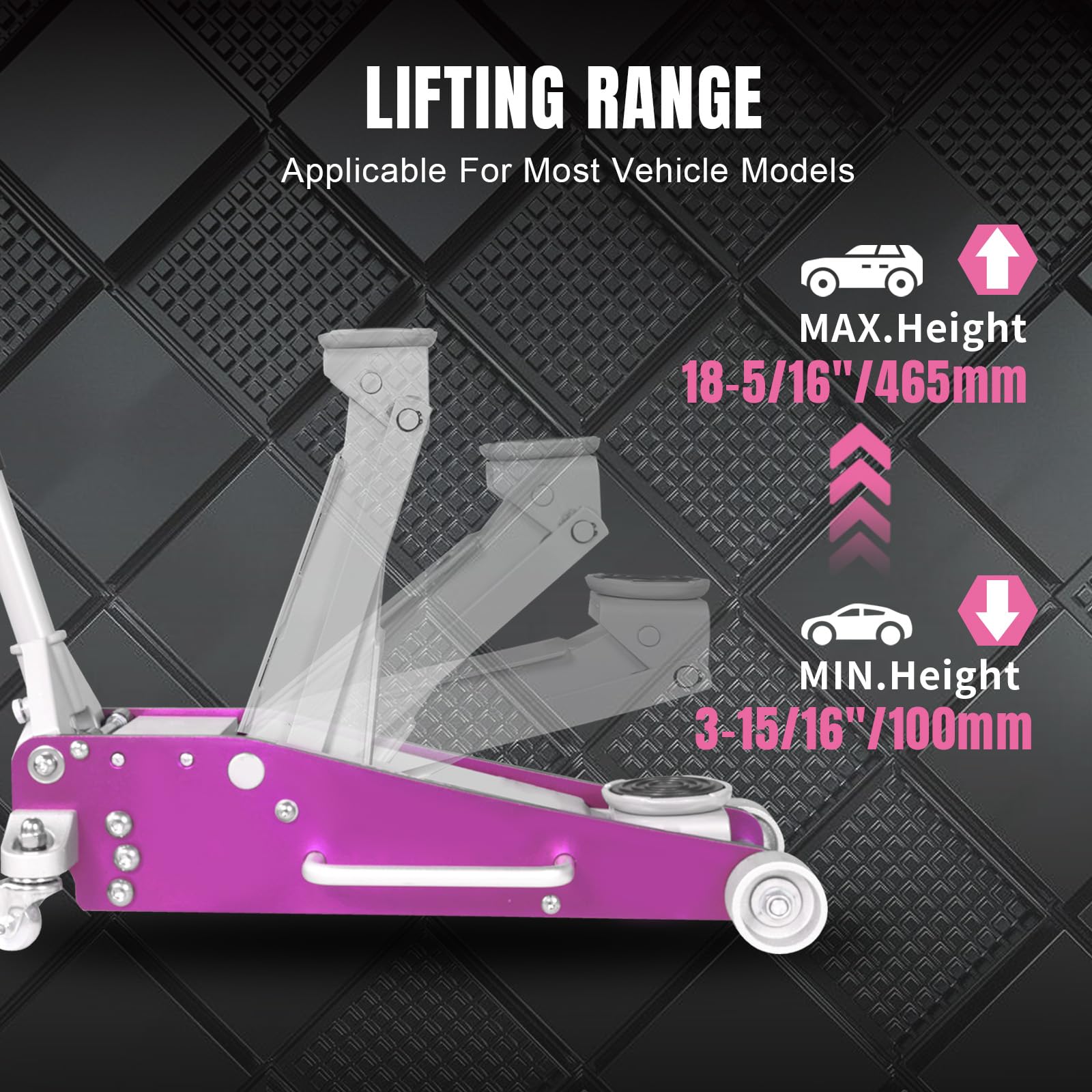 AT84025BP-2 Hydraulic Low Profile Aluminum and Steel Racing Floor Jack with Dual Piston Quick Lift Pump, 2.5 Ton (5,000 lb) Capacity, Pink