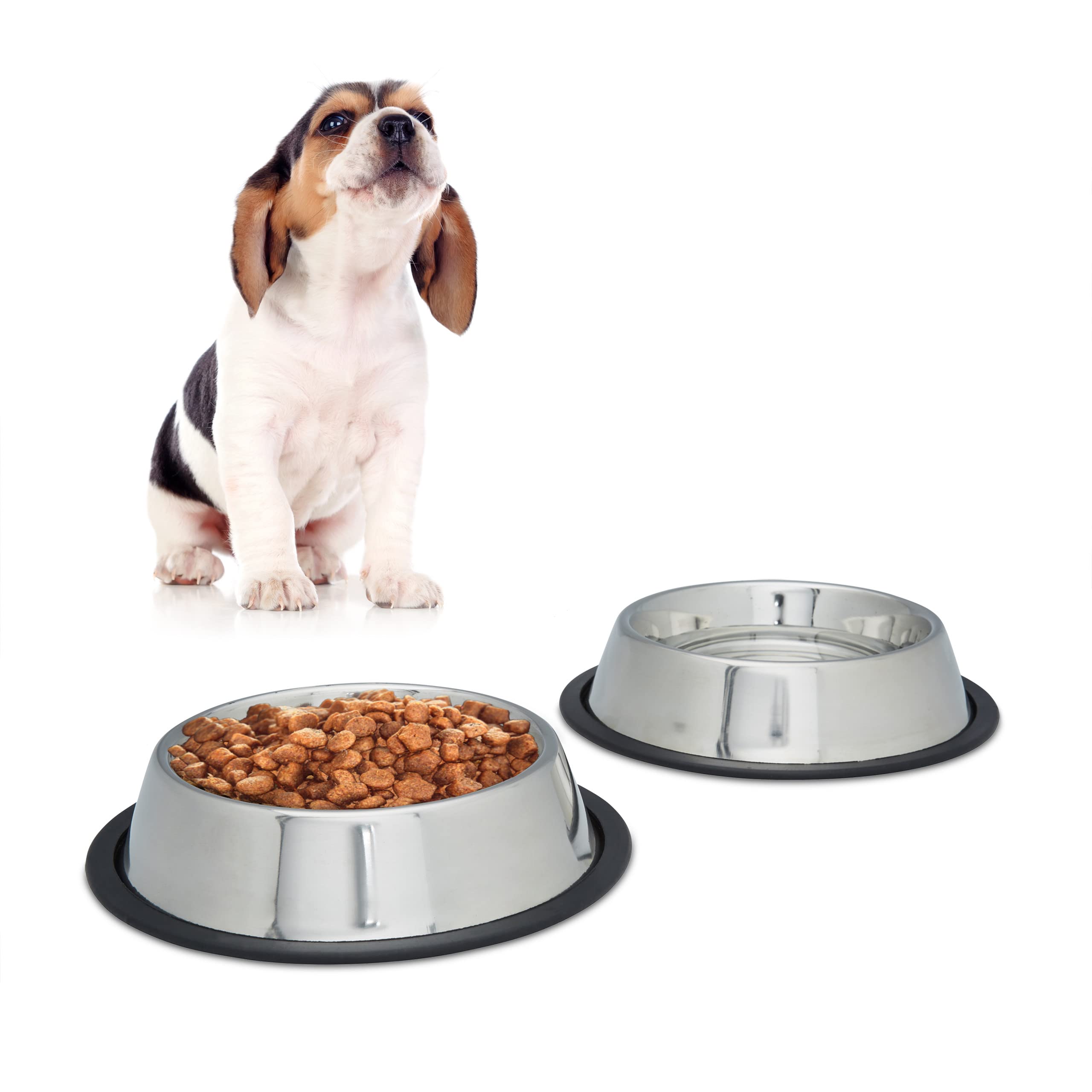 Relaxdays Dog Feeding Bowl Set of 2, Water Dish, Feeding Station, Non-Slip. Stainless Steel, Size M, 0.5 L, Silver