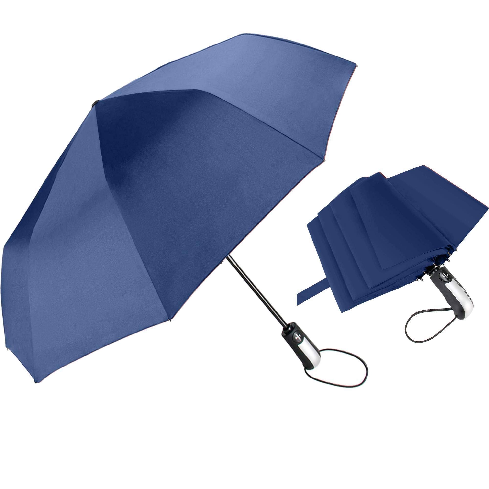 Jefs 10 Ribs Foldable Fully-Automatic Compact Travel Umbrella Windproof Reinforced Frame High Wind Resistance Outdoor Slip-Proof Handle for Easy Carry (Dark Blue)