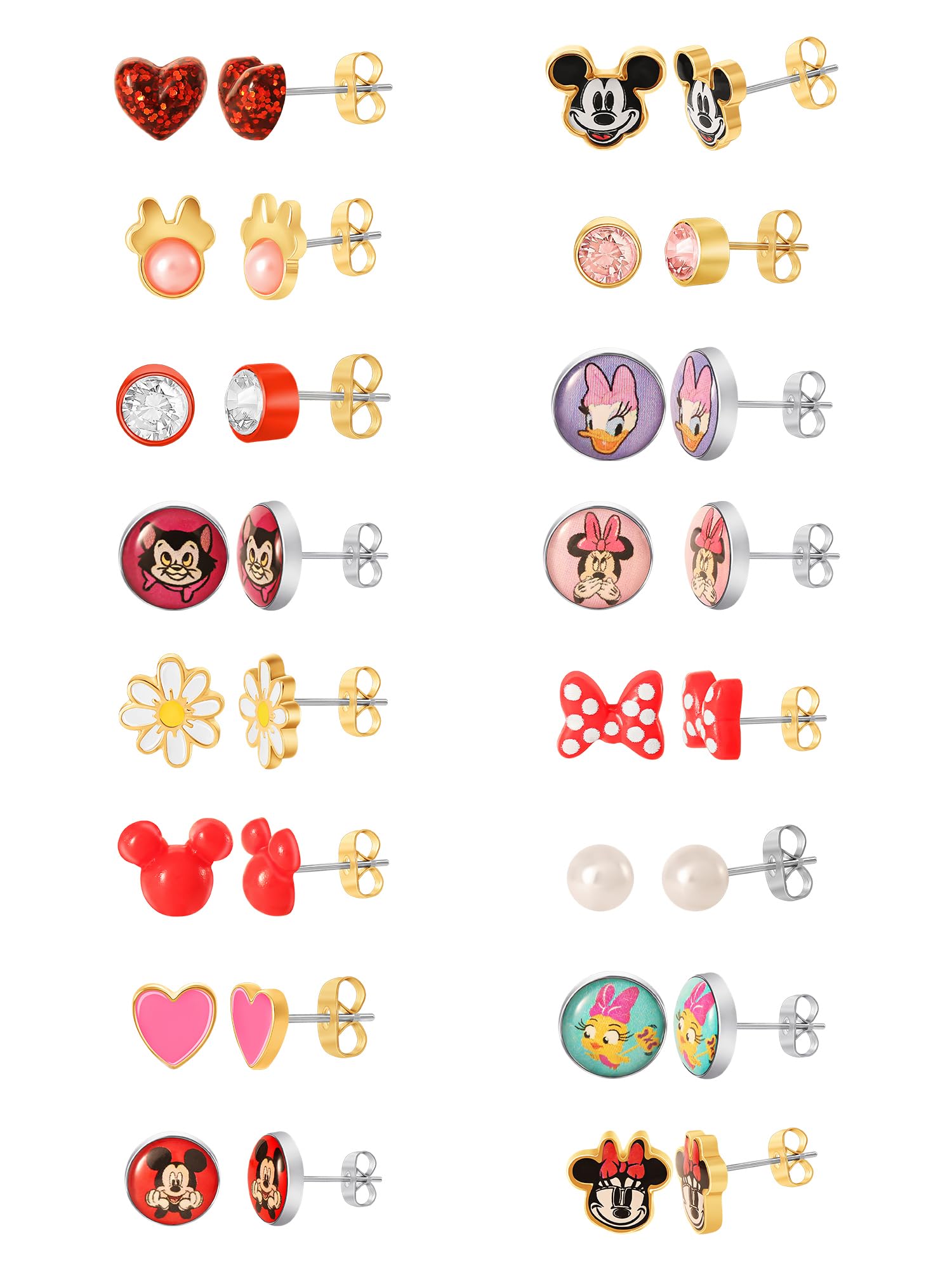 Disney Mickey, Minnie Mouse & Friends Stud Earrings Pack 16 Pairs Officially Licensed, Valentines Earrings