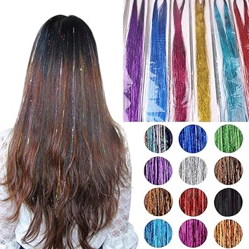 Haar Lametta,12 Stücke 40 Zoll Haar Lametta 1200 Stränge Funkelnde Glänzende Haar Lametta Extensions Multi-Farben Haar Streif