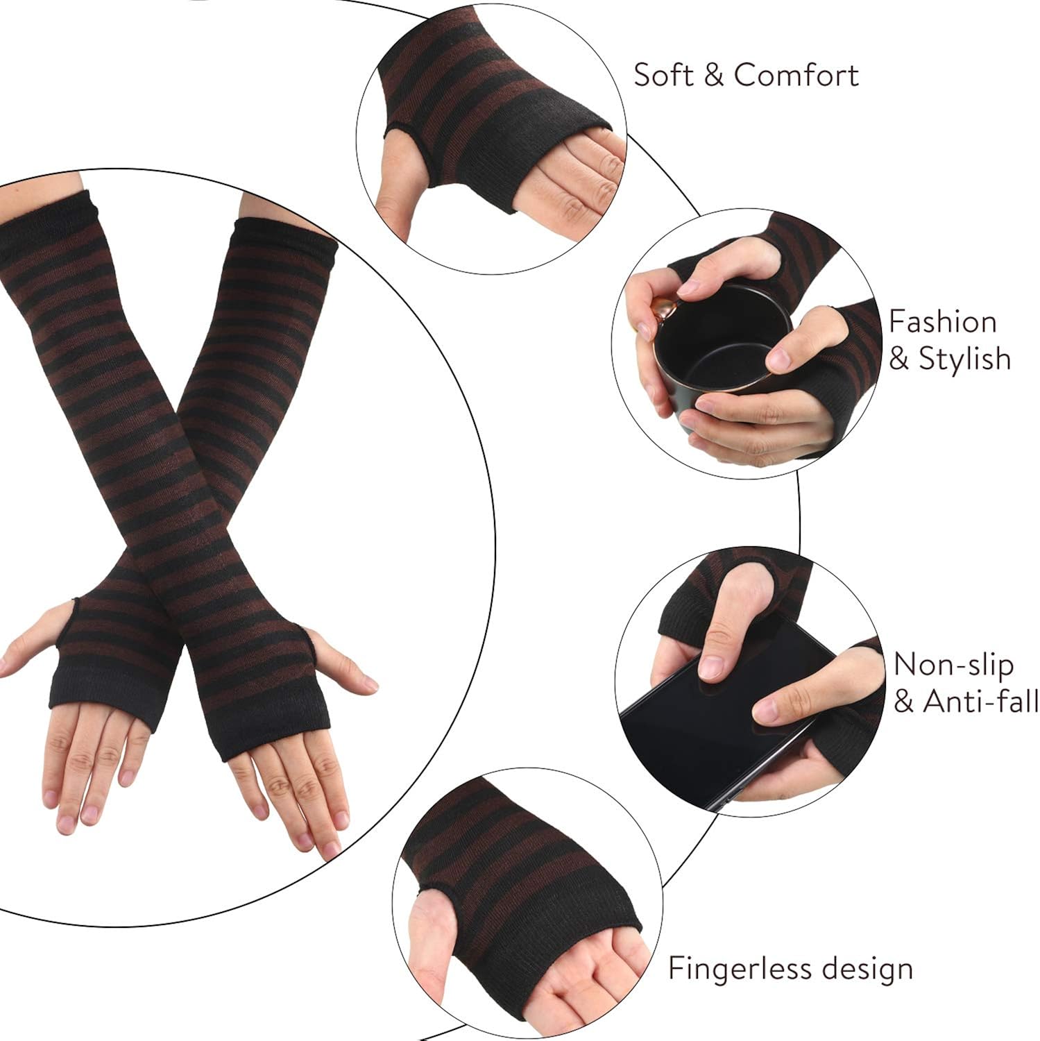 6 Pairs Women Long Fingerless Gloves Knit Arm Warmer Thumb Hole Stretchy Gloves (Stripe Series) at  Women’s Clothing store