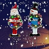 FestiChic Solar Christmas Yard Decorations Outdoor - 2 Pack Metal Xmas Yard Signs 30” Snowman Santa Claus Lighted Garden Stakes with Colorful Lights for Garden Pathway Holiday Winter Lawn