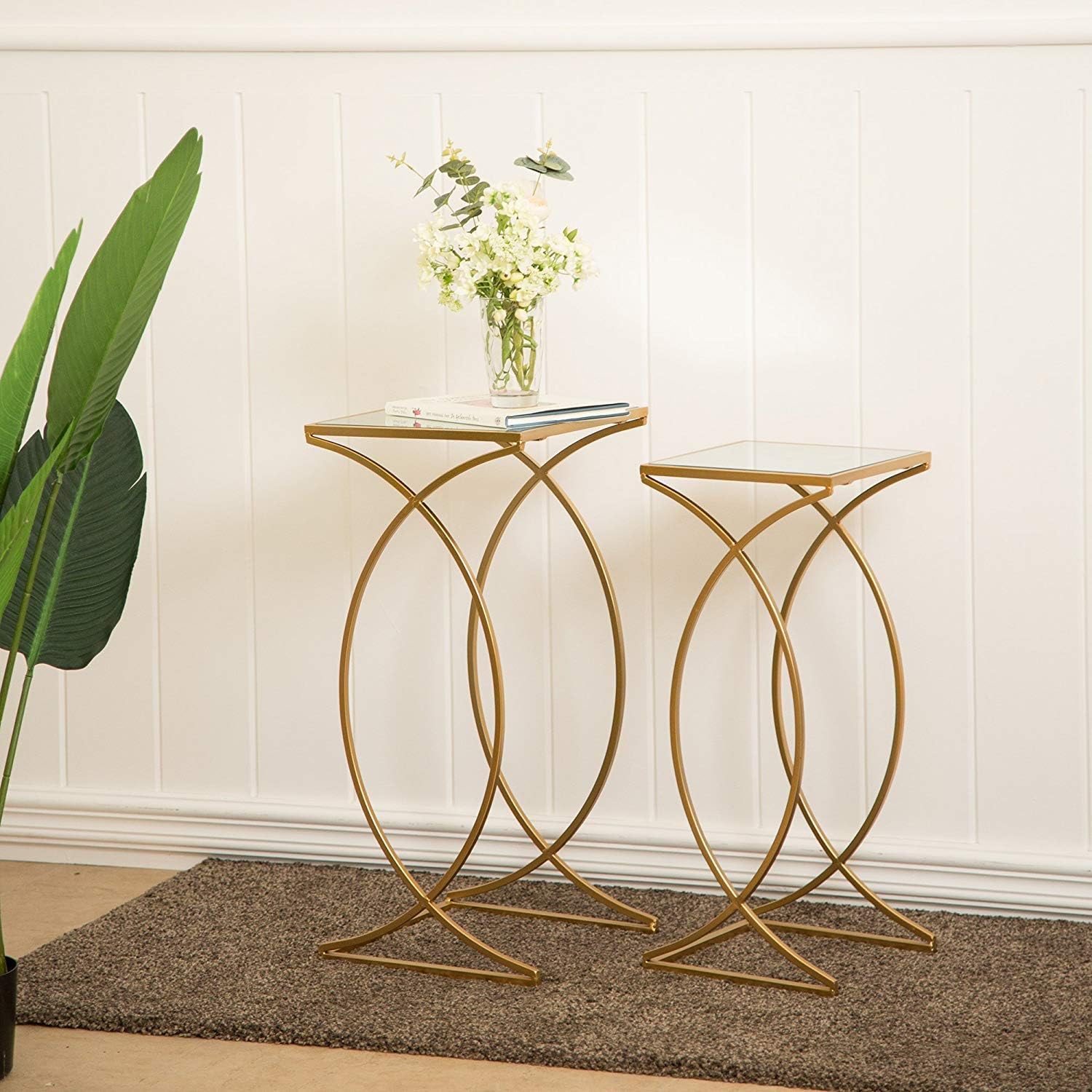 Glitzhome Set of 2 Nesting Coffee Tables Decorative Accent Side End Tables Plant Stand Chair for Bedroom, Living Room, Home Office and Patio: Kitchen & Dining