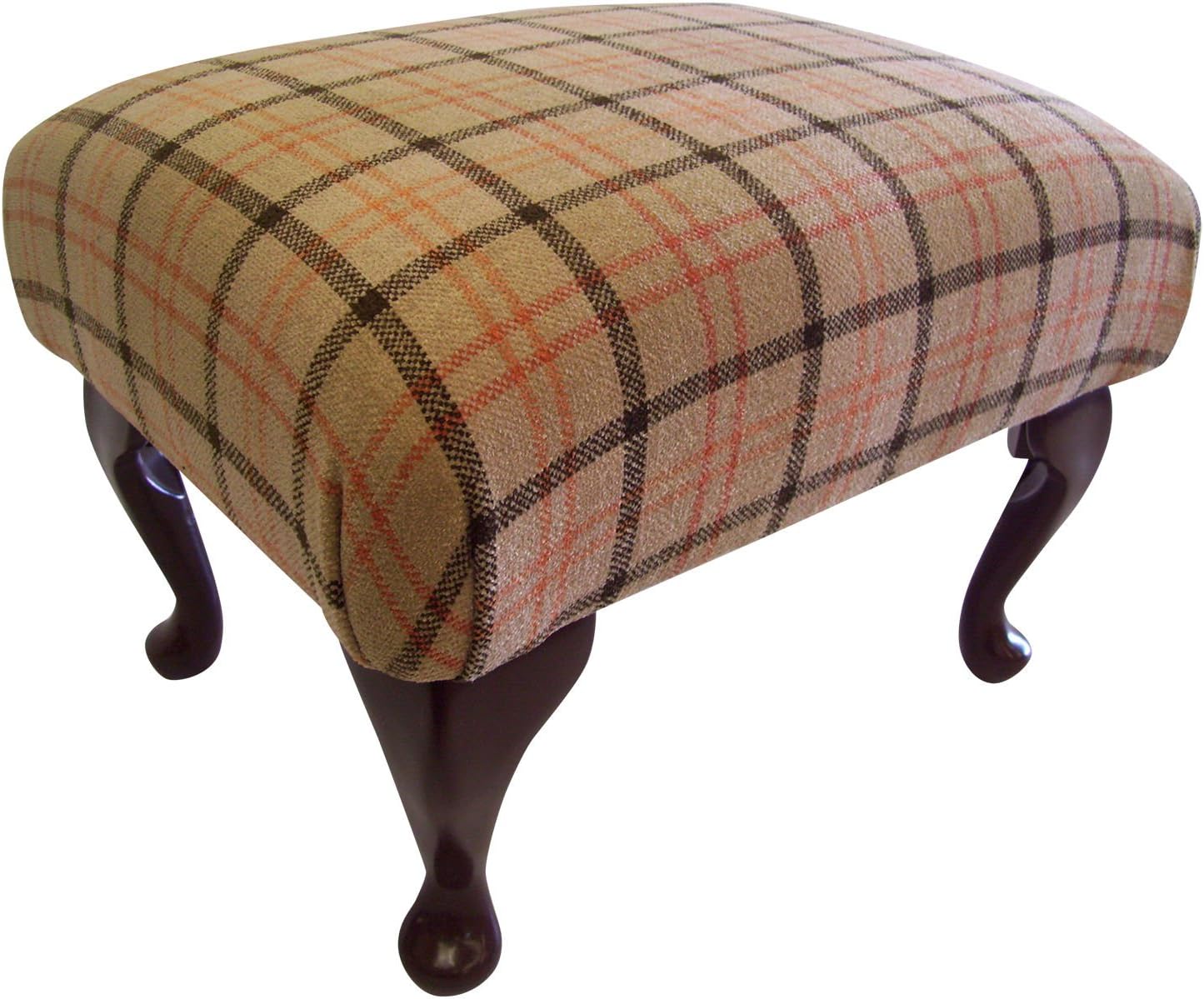 footstool in beige tartan fabric. Queen anne style legs and thick