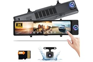 Hikity 10.8 Inch 3 Channel Mirror Dash Cam for Cars, 2K Front Camera, 1080P Inside and Rear View Camera, WiFi Video, App Control, G-Sensor, 24H Parking Monitor, Guide Line, 64G TF Card