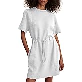 COCOMARTS Dresses for Women Summer Short Sleeve Crew Neck Sweatshirt Dress Drawstring Waist Tunic Tops Mini Vacation Sundress
