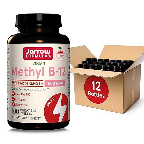 Jarrow Formulas Regular Strength Methyl B-12 500mcg, Dietary Supplement for Cellular Energy Production and Brain Health Support, 100 Cherry-Flavored Chewable Tablets, 100 Day Supply, Pack of 12