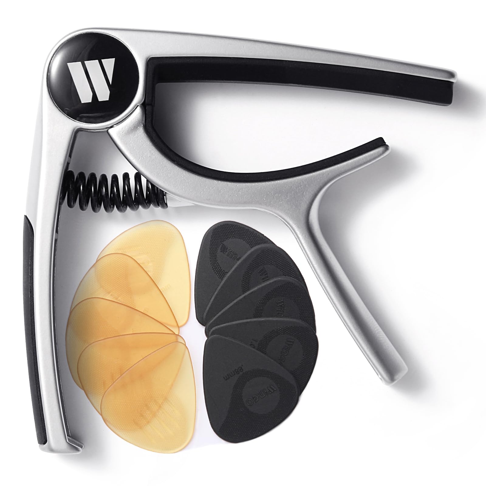 WINGO Guitar Capo for Acoustic and Electric Guitars, Ukulele, Mandolin, Banjo - Silver with 10 Non-slip Picks.