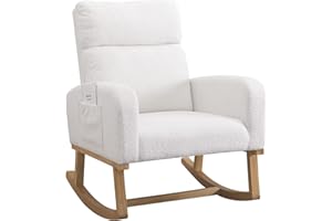 HOMYKA Rocking Chair Teddy Glider Rocker Chair with Extended Wood Legs & Side Pocket, Comfy Chair for Living Room, Bedroom, Teddy White