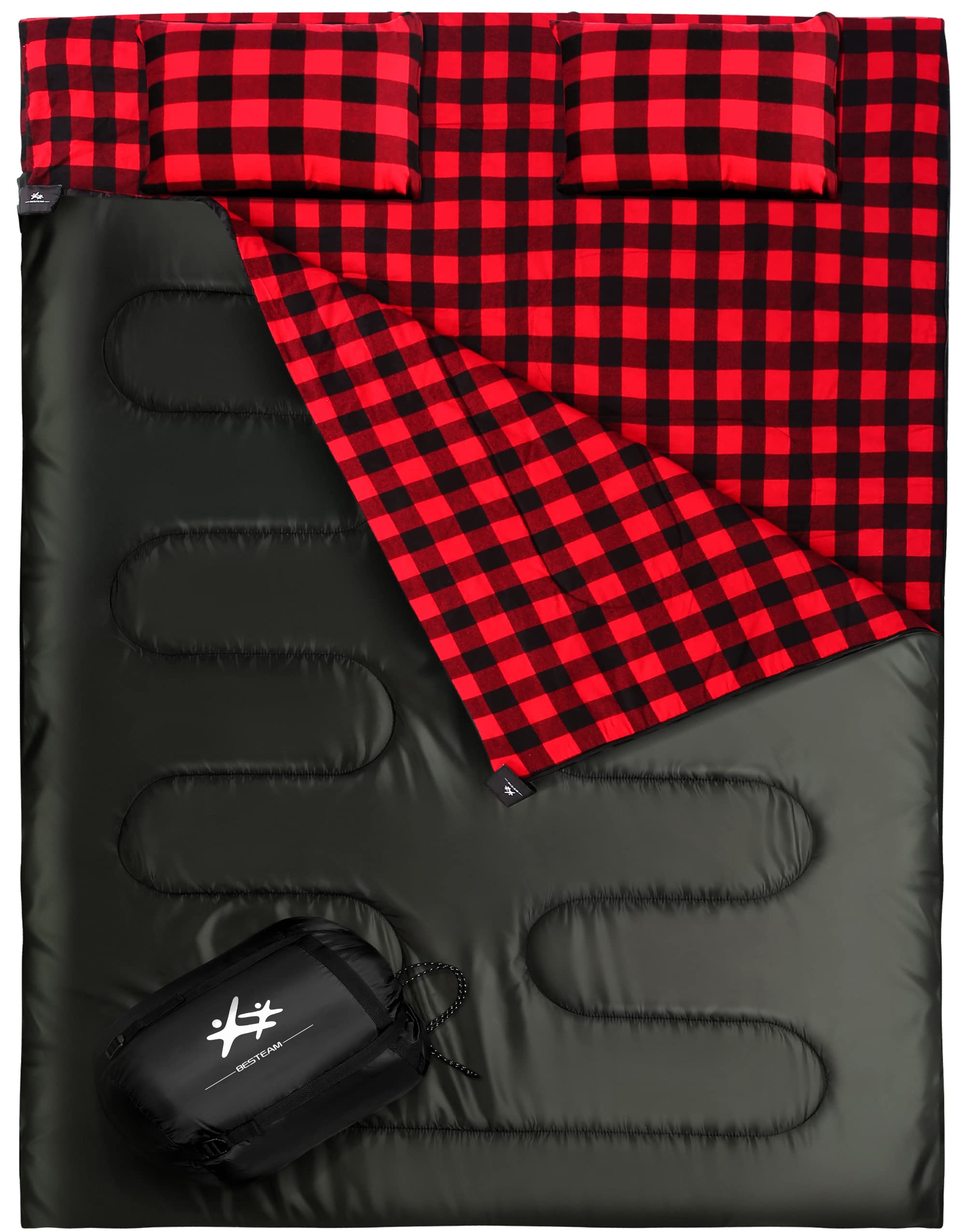 Photo 1 of BESTEAM Double Sleeping Bag Flannel for Adults Kids, Queen Size for 2 Person with 2 Pillows, Warm & Cold Weather Sleeping Bag for Camping, Hiking, Waterproof Lightweight with Compression Sack(Black)