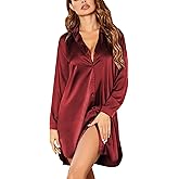 Ekouaer Satin Nightgown for Women Button Down Silk Sleepshirts Sexy V Neck Night Gown Long Sleeve Night Shirts S-3XL