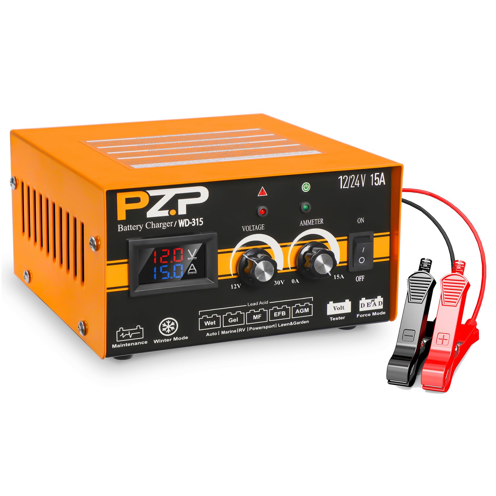 Photo 1 of PZ.P 12V/24V Manual Car Battery Charger, 0-15A Arbitrarily Adjustable Trickle Charger, Auto Desulfator with Battery Repair, Battery Pulse Maintainer with Winter Mode for AGM GEL, Deep Cycle, Lead-acid