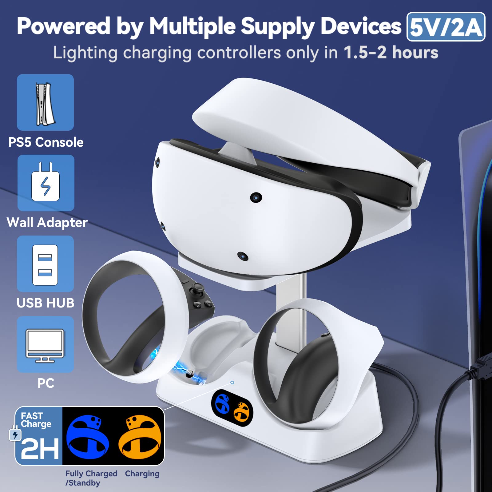 Tokluck Ladestation für PS VR2 Controller, PSVR 2 Ladestation mit Headset Ständer, Schnelles Ladegerät für PS VR2 Controller mit LED Licht für PSVR2 Zubehör, magnetischer Anschluss & Typ C Kabel 2