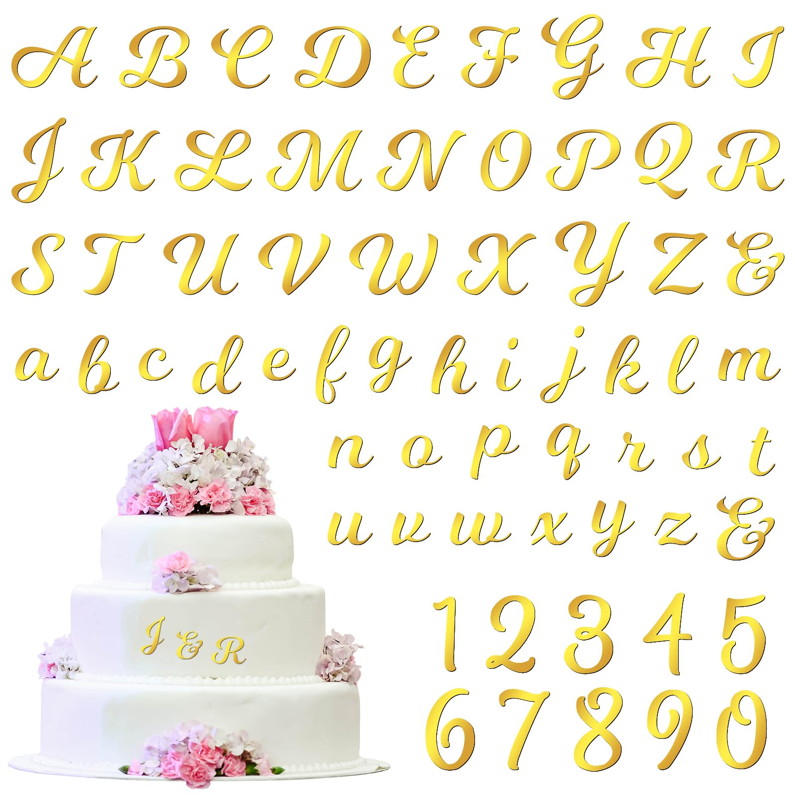 Photo 1 of 64 Pcs Gold Acrylic Cake Toppers Letters and Numbers, Mirror A-Z Alphabet & 0-9 Numbers for Personalized Cake Decorations, Birthday Wedding Baby Shower Party Picks