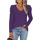 LCXWFE Womens Tunic Tops Puff Sleeve Casual V Neck Long Sleeve Shirts Solid Color S-2XL
