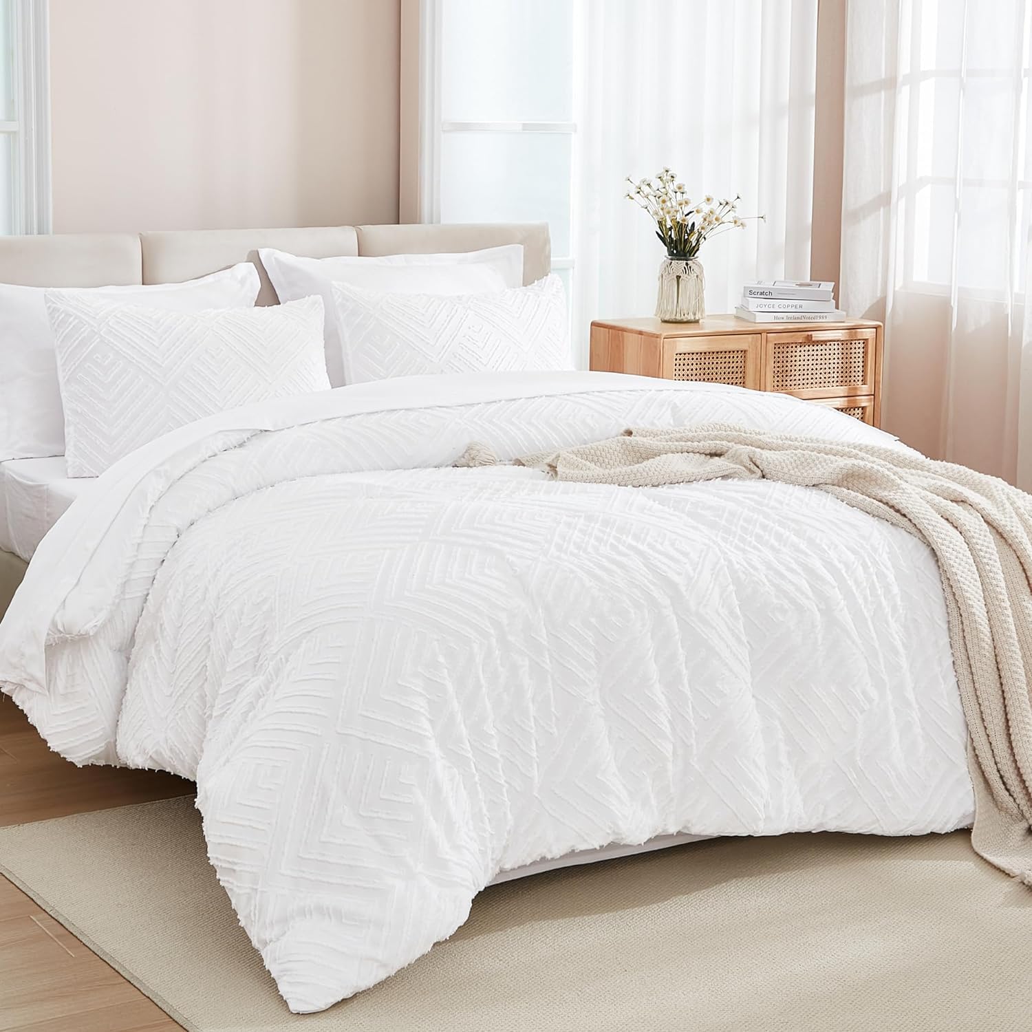 Andency White Comforter Full Size Set with Sheets - 7 Pieces Boho Bed in a Bag Tufted Bedding Sets Fluffy Lightweight Full Bed Set with Comforter, Sheets, Pillowcases & Shams for All Season Image