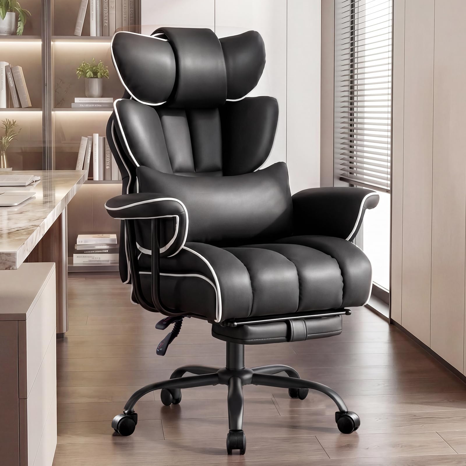 Ckaff Bürostuhl Chefsessel Ergonomisch, Gaming Stuhl aus PU Leder, Bürostuhl 200kg mit Fußstütze und Lendenwirbelstütze, Schreibtischstuhl mit Verstellbarer Rückenlehne (Schwarz)