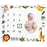 Baby Monthly Milestone Blanket Boy - Jungle Animals Neutral Newborn Month Blanket for Boy & Girl Personalized Shower Gift Safari Nursery Decor Photography Background Prop with Frame Large 51''x40''