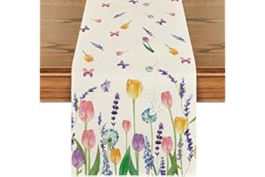Artoid Mode Lavender Tulip Summer Table Runner, Spring Seasonal Anniversary Holiday Kitchen Dining Table Decoration for Indoo
