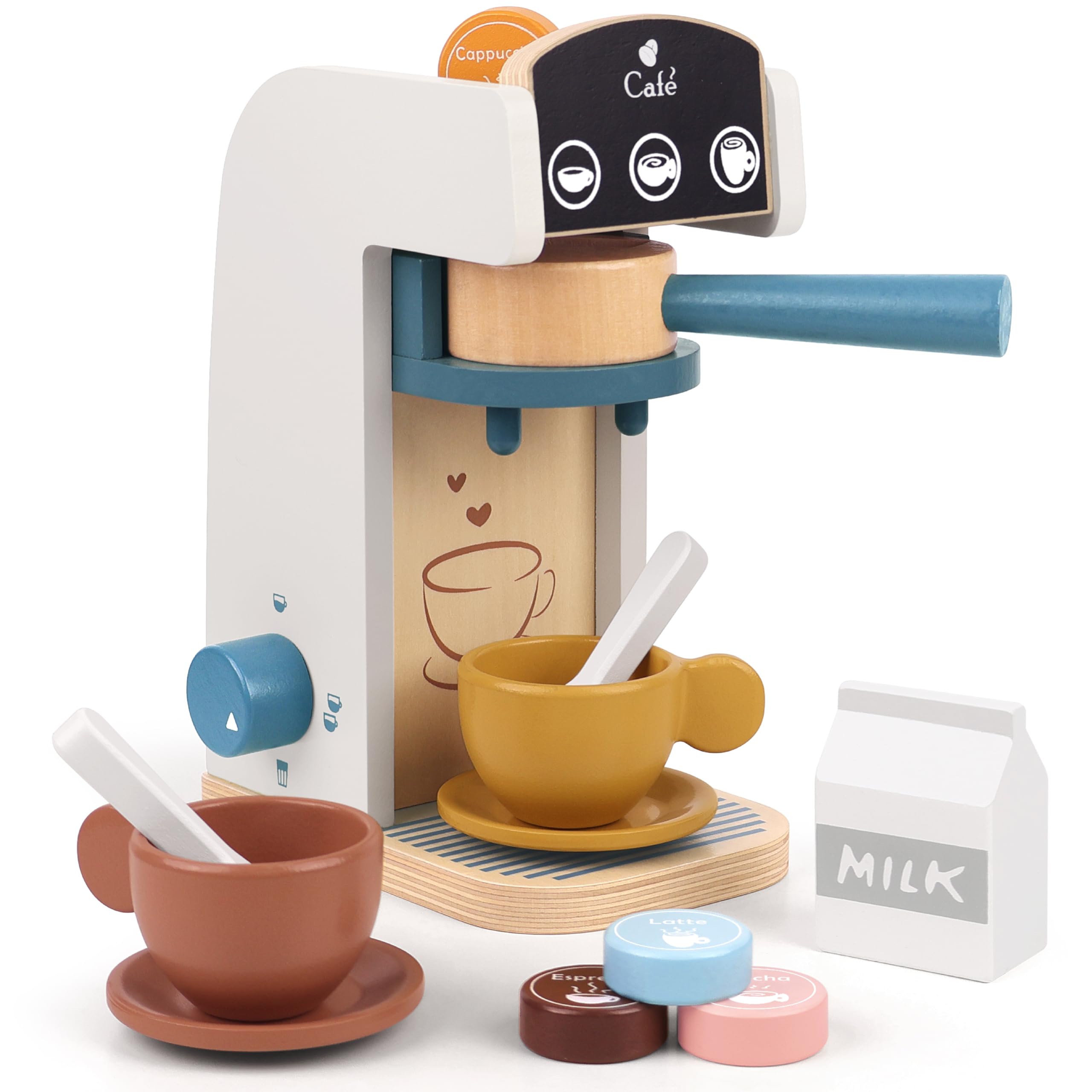 Little Log Wooden Coffee Machine Toy, 13 Pcs Pretend Play Kitchen Accessories with Drop-Pod Filter & Cups, Coffee Playset Role Play Toys for 3-6 Year Old Kids