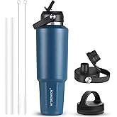 HYDROWION 40 oz Insulated Water Bottle, Car Water Bottle Holder - Double Wall Vacuum Insulated Travel Bottle with Straw Lid, Spout Lid and Flex Cap - Cold for 24H, Hot for 12H, Cobalt