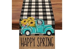 Seliem Happy Spring Blue Truck Table Runner, Black White Buffalo Check Plaid Kitchen Dining Table Decor, Sunflower Floral Flower Seasonal Burlap Farmhouse Home Decoration Party Supply 13 x 36 Inches