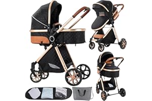 SUTTONBEBE 2 in 1 Baby Stroller Reversible Portable Standard Stroller Convertible Pushchair Infant Buggy Baby Carriage Foldable High Landscape Pram for Toddler Newborn (225 Black Gold)