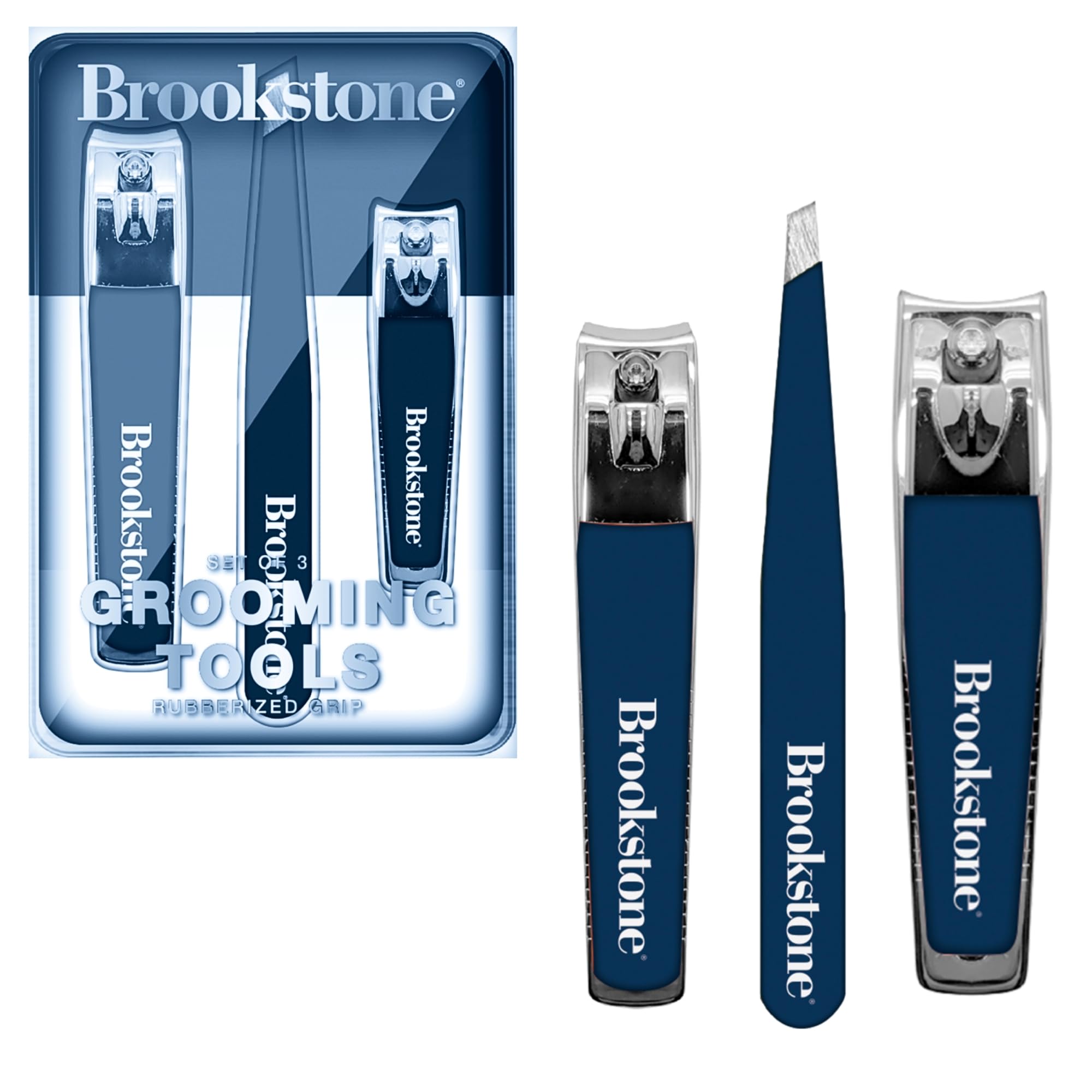 Photo 1 of Brookstone Nail Clippers Set - Premium Stainless Steel Nail Clipper and Nail Cutter with Rubberized Non-Slip Grip, Includes Case and Tweezer, Two Nail Clippers for Precision Grooming (Navy)