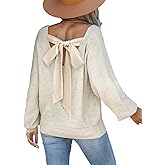 CUPSHE Womens Sweaters Bow Back Long Sleeve Sweater V Neck Lightweight Knit Pullover Sweater Tops