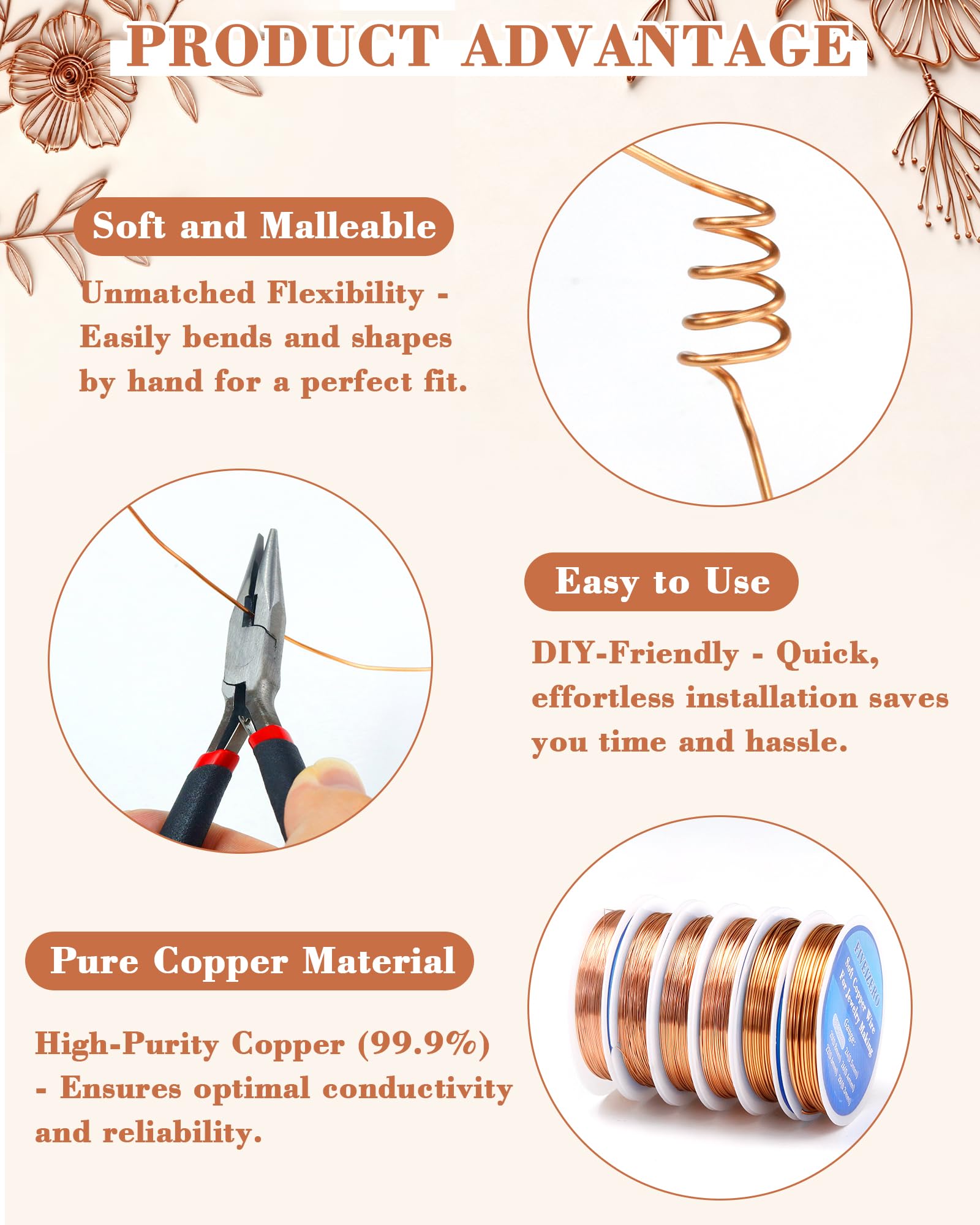 FIVEIZERO 6 Rolls 6 Size Jewelry Making Copper Wire Kit - 18/20/22/24/26/28 Gauge Pure Dead Soft Bare Copper Wire for Electroculture Gardening, Crafting, Beading, Sculpting