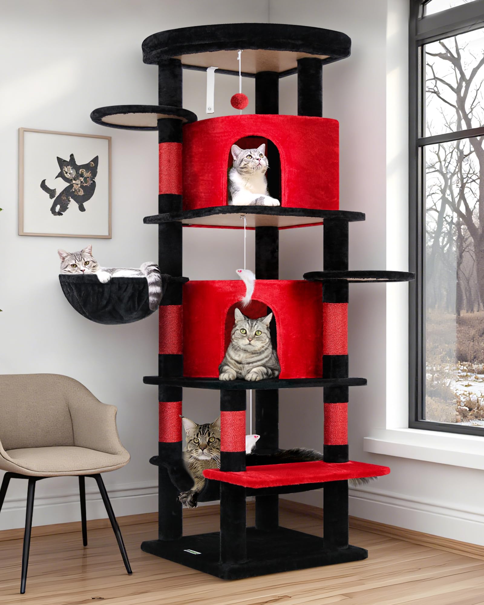 Globlazer Gothic Corner Cat Tree Tower for Large Cat, 66inch Tall Large Goth Cat Tree for Multiple Indoor Cats with 6 Scratching Posts, 2 Spacious Condos, Soft Hammock, Hanging Basket, C66, Red Black Image