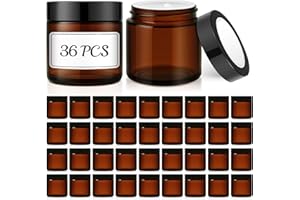 4 oz Small Glass Jars with Lids, Bumobum 36 Pack Amber Glass Cosmetic Jars with Inner Liners, 120ml Round Empty Sample Containers with Blank Labels for Cream, Body Scrub, Lotion