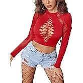 Avidlove Women's Long Sleeve Fishnet Top Sexy Cut Out Crop Short Hollow Out Top