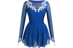 ODASOD Women Figure Ice Skating Dress Rhinestone Embroidery Mesh Long Sleeve Leotard for Gymnastic Competition Practice