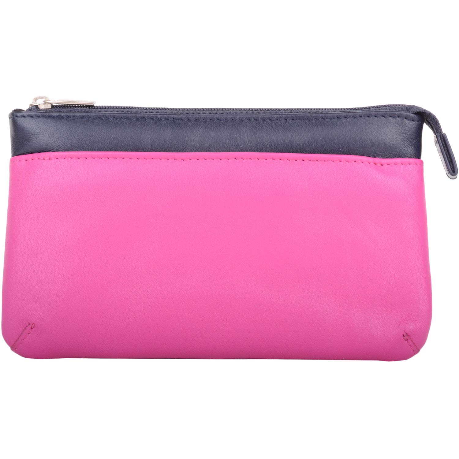 Womens Soft Leather RFID Protected Handy Money/Credit Card/Phone Pouch/Purse - Navy/Fuchsia
